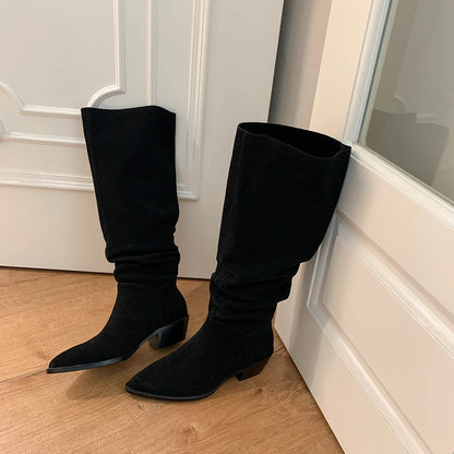 2025 Women's Knee-High Suede Boots – Retro Pointed Toe, Square Heel Slip-On