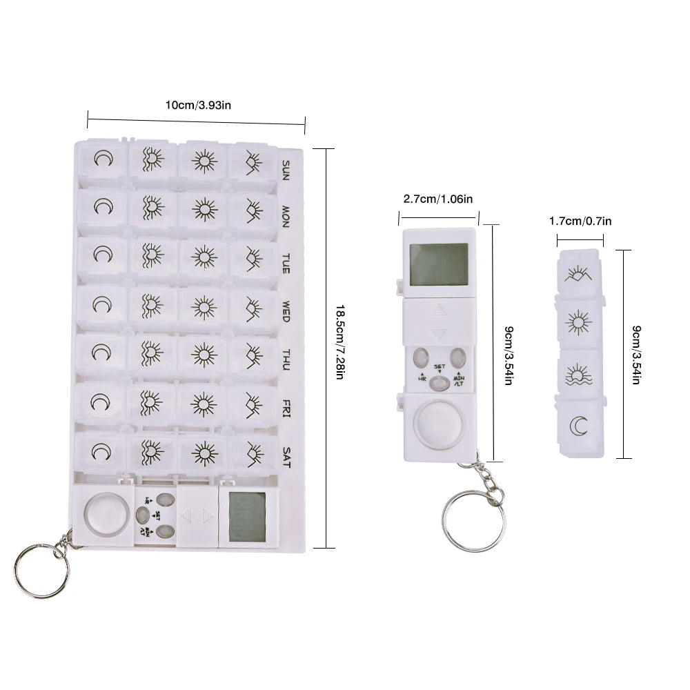 Portable 28-Grid Pill Box Organizer: Weekly 7-Day Smart Alarms Medicine Case with Reminder Timer - Plastic Holder for Pills