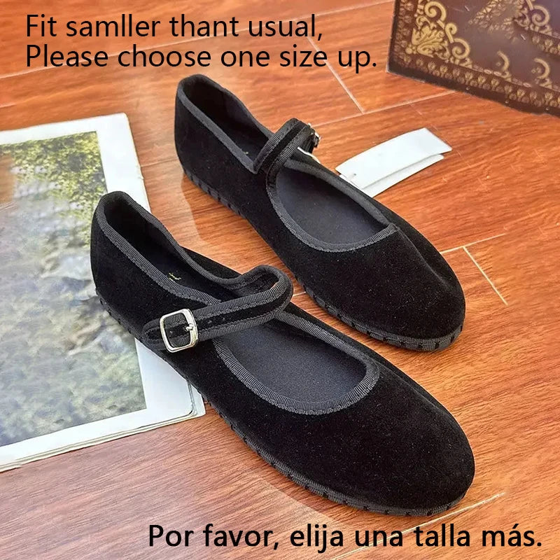 Women's Velvet Mary Jane Shoes – Hand-Stitched Ballet Flats, Casual Streetwear Loafers in Solid Colors