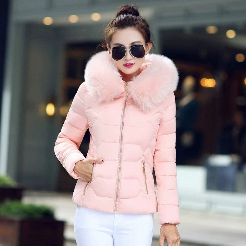 2025 Women’s Autumn Winter Short Cotton Coat – Large Size Padded Parka with Fur Collar, Warm Casual Jacket