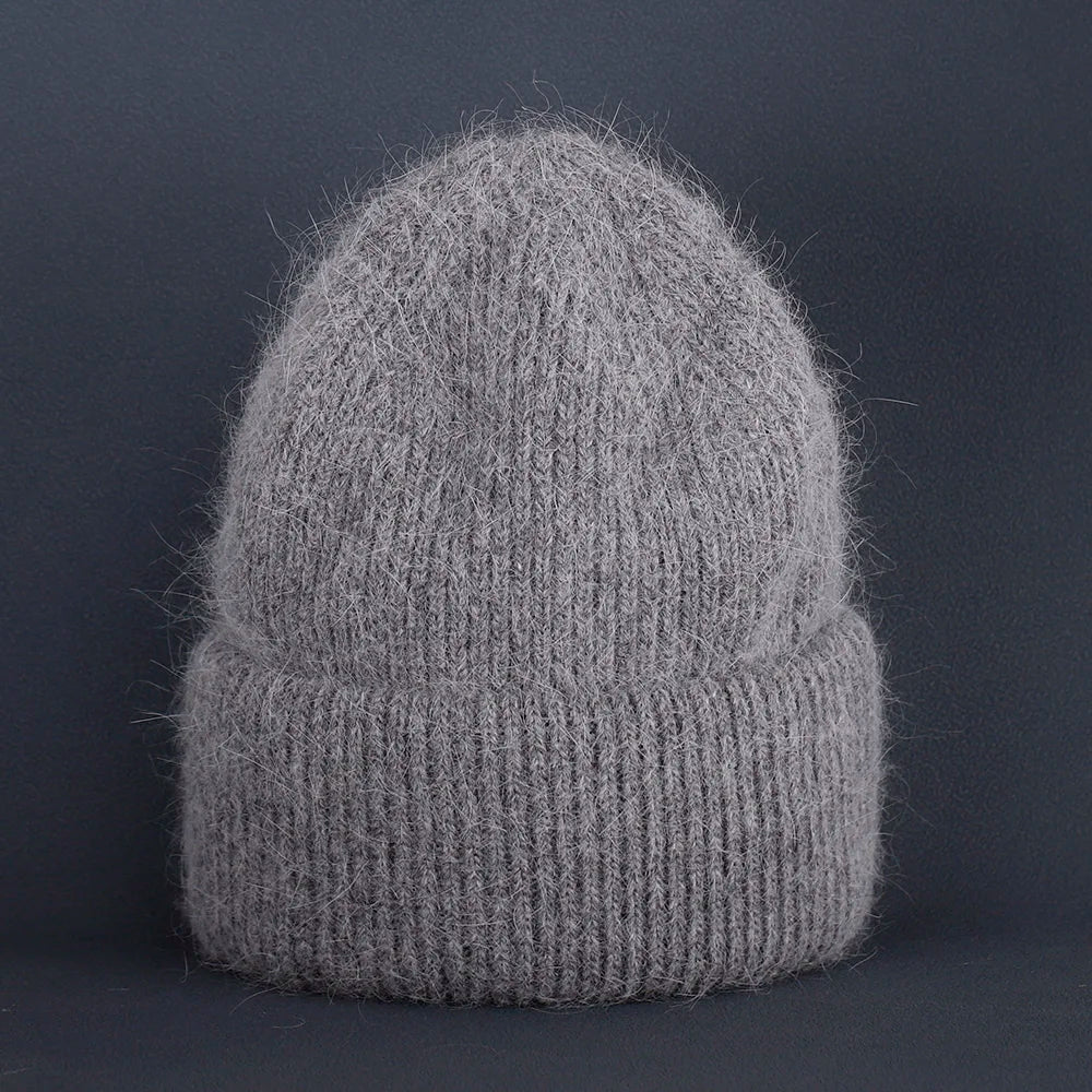 2024 Rabbit Fur Beanie – Soft Fluffy Winter Hat for Women, Angora Knitted Skullies, Warm Bonnet Knit Cap