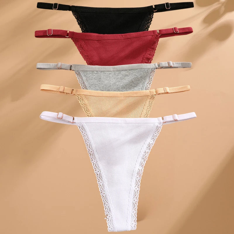 5PCS Cotton G-String Panties Set — Sexy Women’s T-Back Underwear, Adjustable Waist Thong Lingerie Briefs