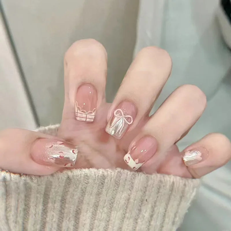 24pcs Goldfish Pattern Almond Press-On Nails – Simple Nude Pink Wearable Detachable False Nail Manicure Set