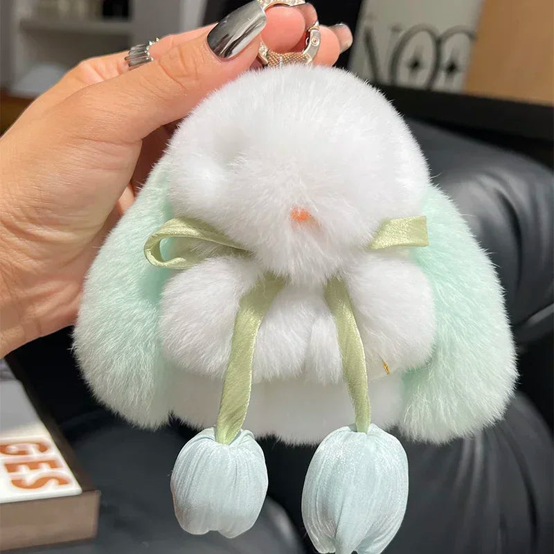 Cute Real Rex Rabbit Fur Keychain – Mini Bunny Pendant Bag Charm & Car Key Ring Plush Toy Gift for Women