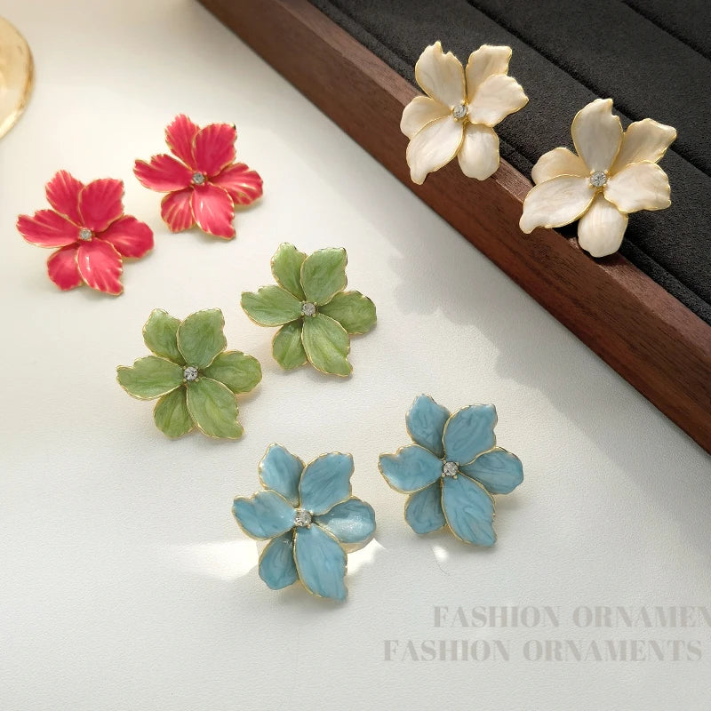 Modern 925 Silver Red Flower Stud Earrings — Spring/Summer Popular Big Earrings for Women & Girls, Fashion Jewelry Gift