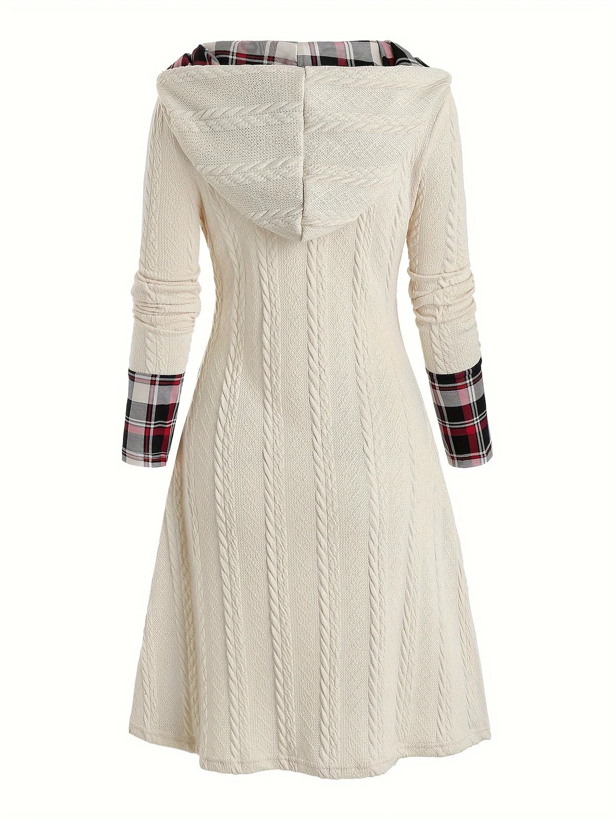 Knitted Hooded Plaid Dress - High Waist A-Line Long Sleeve Dress with Faux Buckle Detail for Women