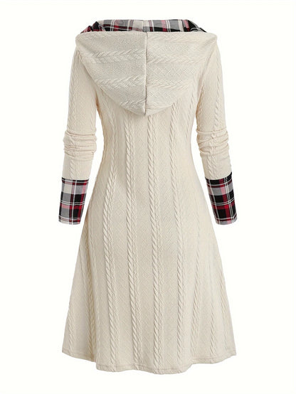 Knitted Hooded Plaid Dress - High Waist A-Line Long Sleeve Dress with Faux Buckle Detail for Women