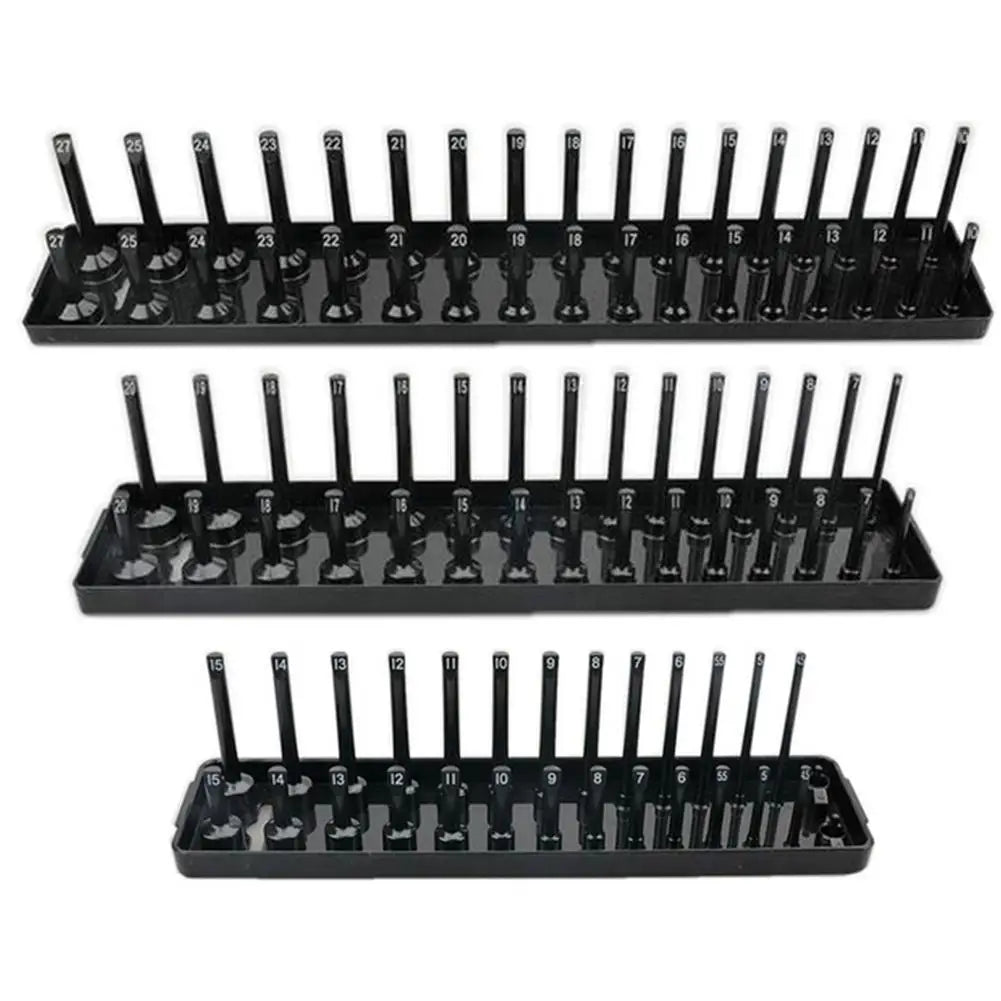 3PCS Socket Organizer Trays – Black/Red Holder for 1/2", 3/8", 1/4" Sockets, Garage & Home Tool Storage Rack