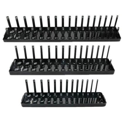 3PCS Socket Organizer Trays – Black/Red Holder for 1/2", 3/8", 1/4" Sockets, Garage & Home Tool Storage Rack