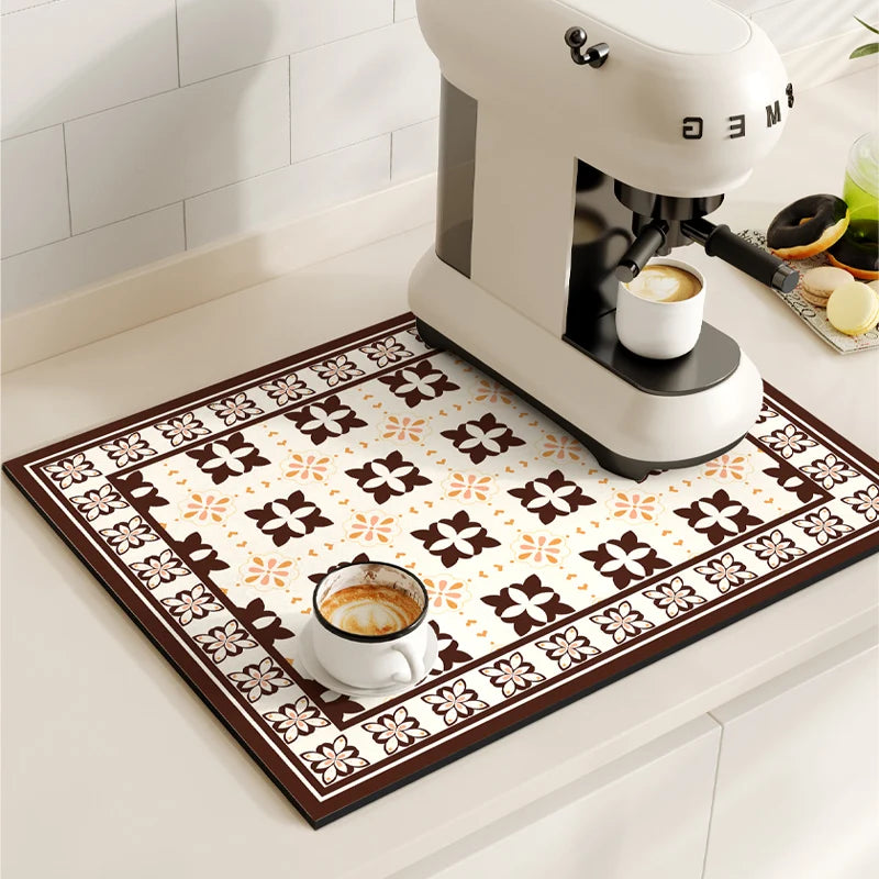 Retro Coffee Maker & Dish Drying Mat – Non-Slip, Quick-Dry Kitchen Placemat for Tableware, Washable