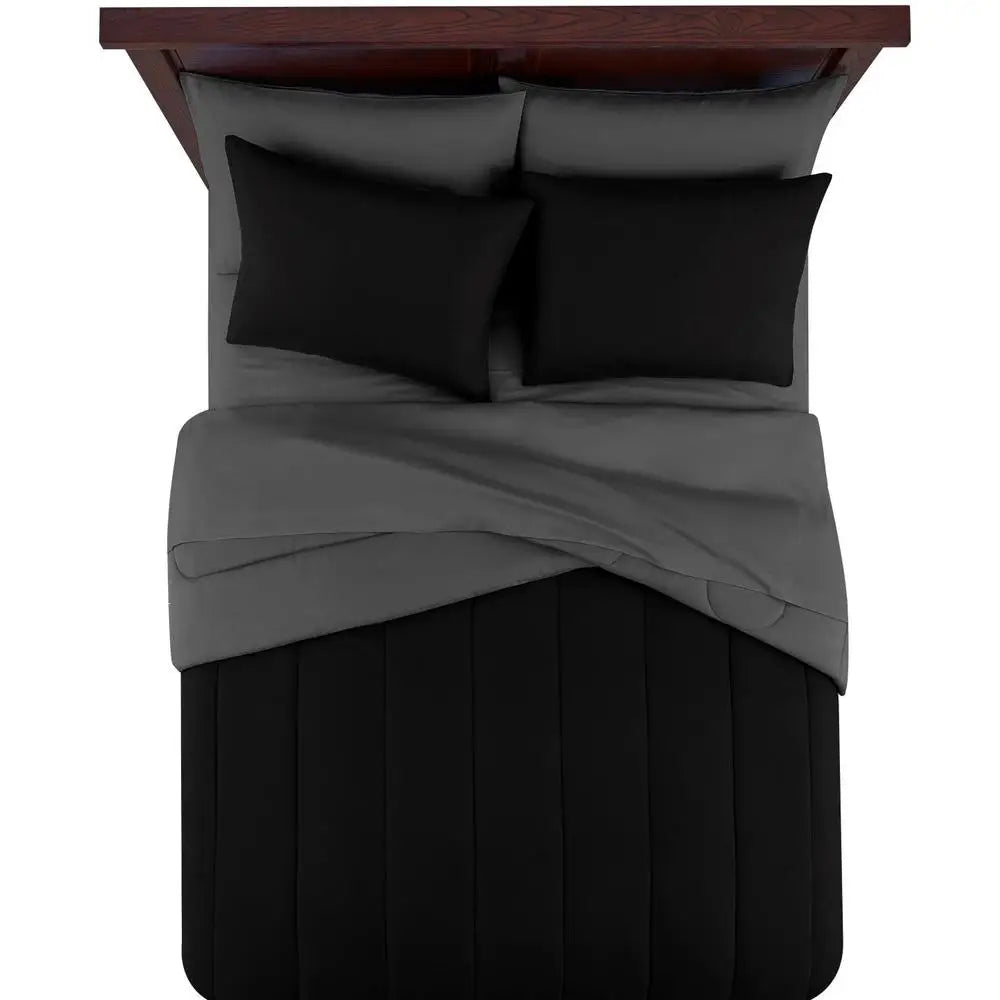 Black 7-Piece Bedding Set - Comforter, Sheets, Shams, Pillowcases, Reversible King Size, Easy Care Polyester