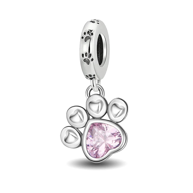 925 Sterling Silver Paw Heart Charm - Zircon Red Love Pendant Bead for DIY Bracelets & Women’s Fine Jewelry