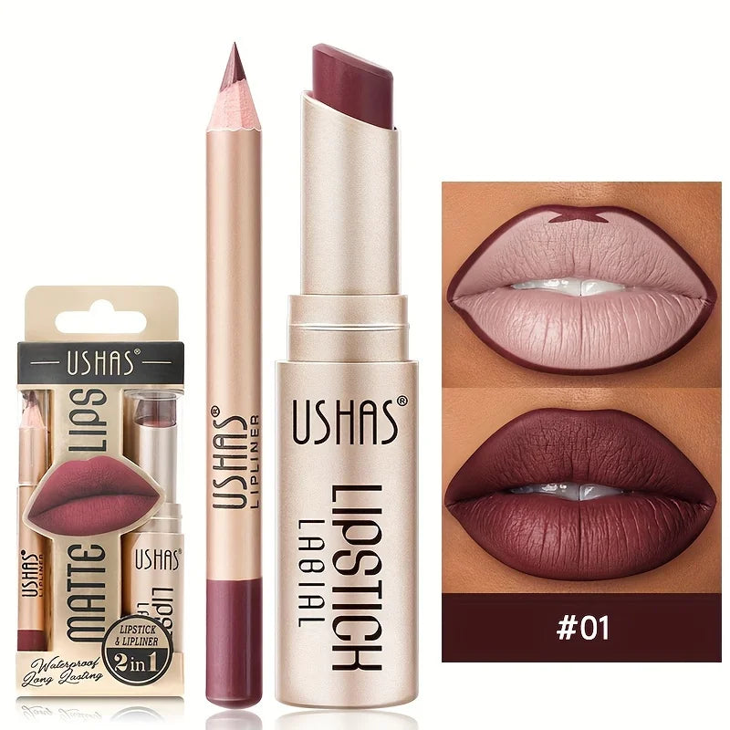 USHAS 12-Color Matte Lipstick & Lip Liner Set – Long-Lasting, Waterproof, Non-Stick Easy Coloring Lip Makeup Kit