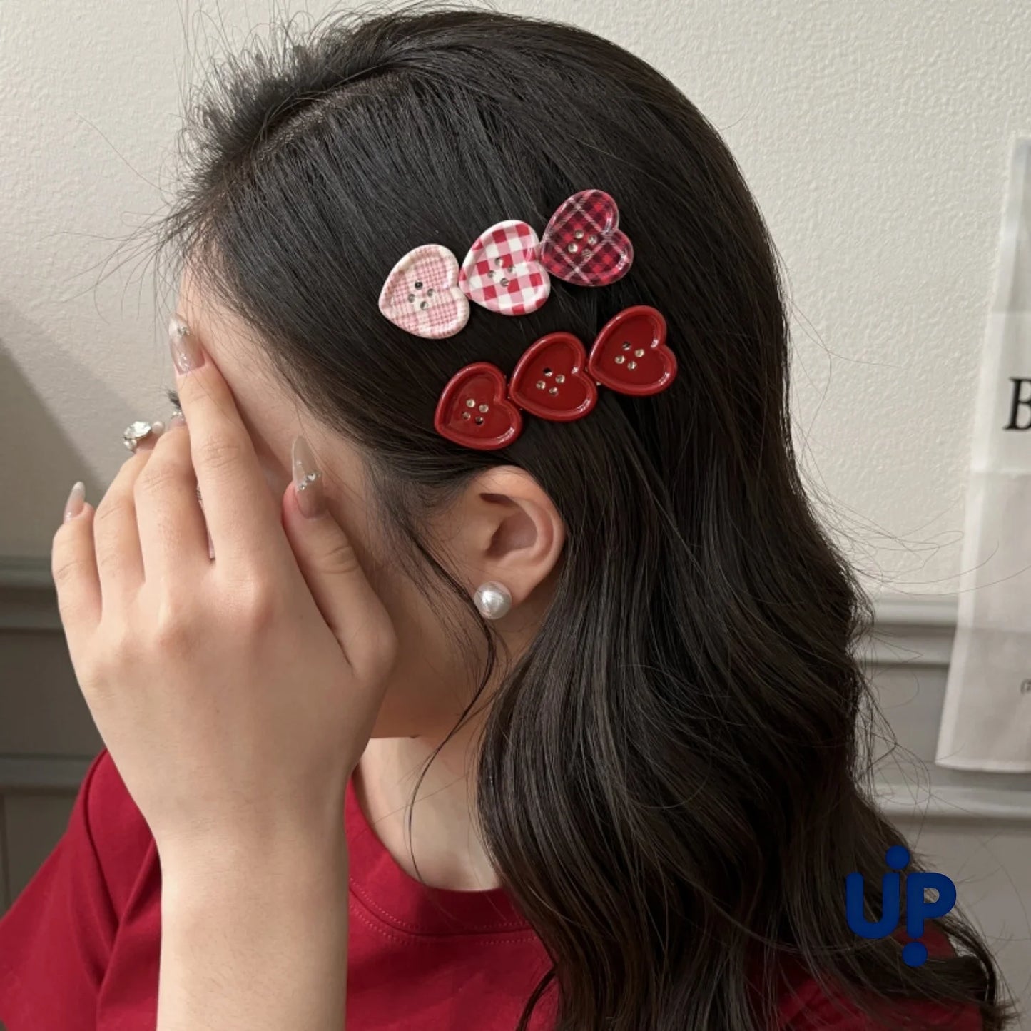 Cute Love Button Hair Clips - Sweet Check Duckbill Side Bangs Clips for Women Girly Hair Accessories