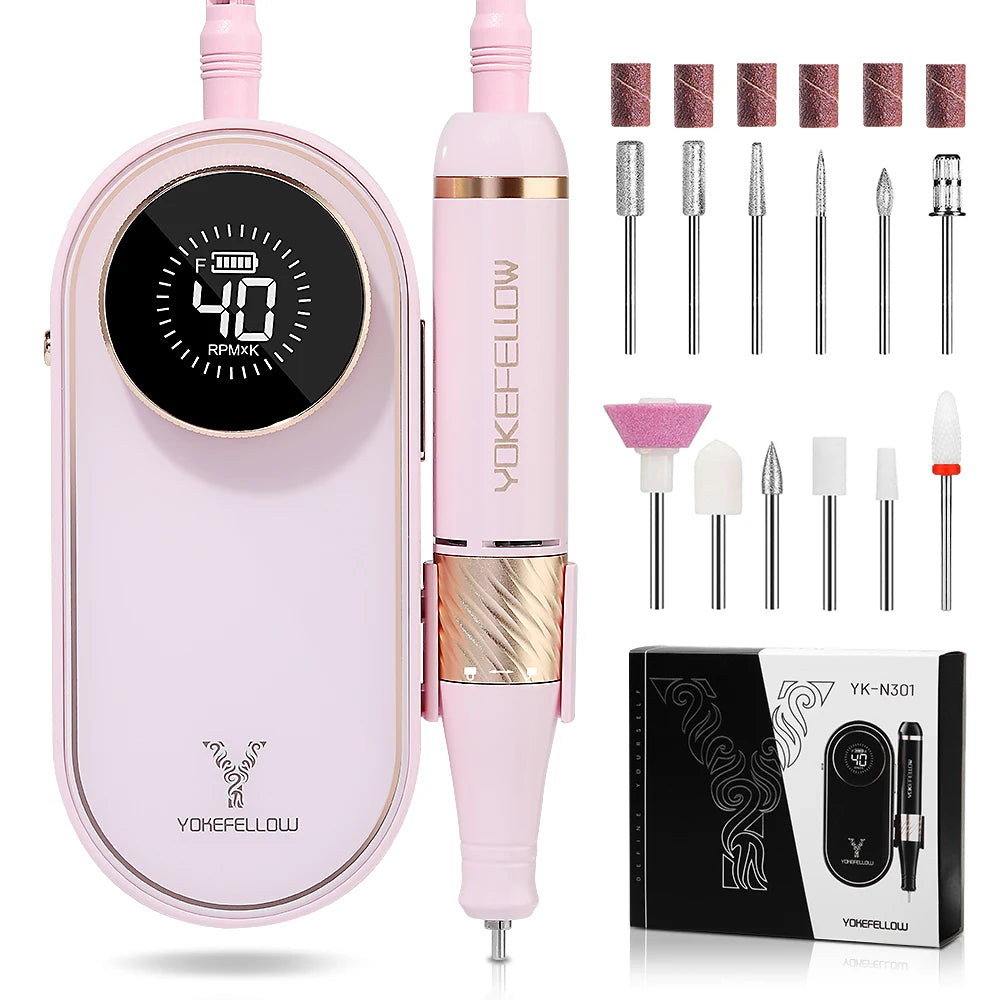 YOKEFELLOW Professional Nail Drill – 40000RPM Rechargeable Electric Nail E-File, Cordless for Acrylic & Gel Nails