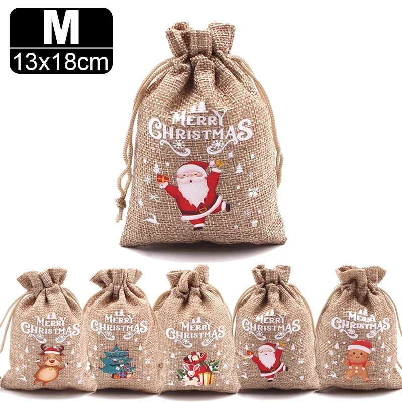 Christmas Linen Drawstring Bags – Cartoon Santa & Snowman Candy Gift Pouches for Xmas Party Packaging