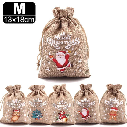Christmas Linen Drawstring Bags – Cartoon Santa & Snowman Candy Gift Pouches for Xmas Party Packaging