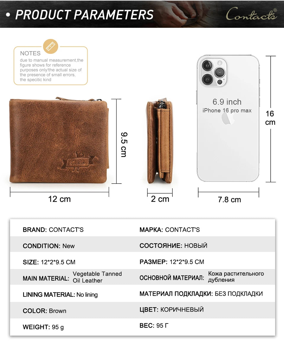 CONTACT'S Genuine Crazy Horse Leather Trifold Wallet – Vintage Men's Cowhide Wallet with Zip Coin Pocket