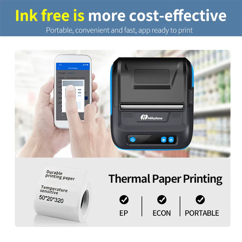 Milestone 80mm Portable Thermal Label Printer – Bluetooth Pocket Receipt Printer, 2-in-1 Mini Printer for Android & iOS Mobile Use