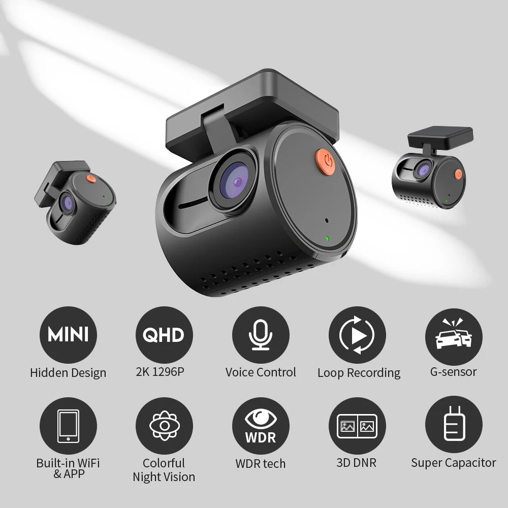 2K Mini Dash Cam - WiFi Car DVR with Night Vision, Voice Control & Emergency Recording