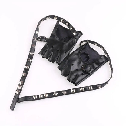 Unisex Fingerless PU Leather Driving Gloves, Rivet Punk Style Disco Rock & Roll Gloves for Dance, Motorcycle & Party Wear (Black/Red/White)