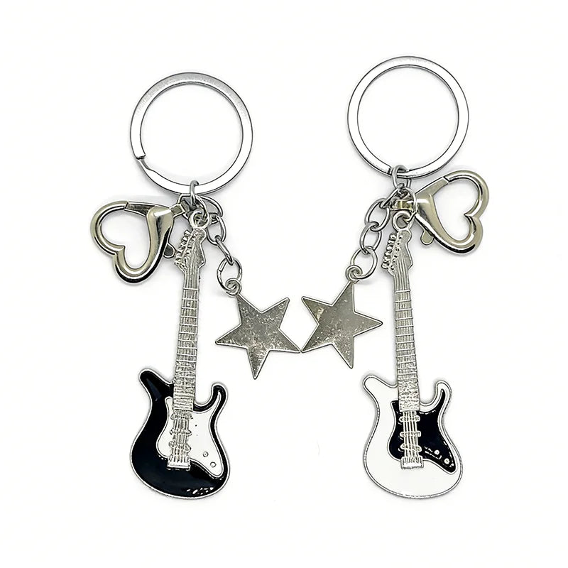 Electric Guitar Couple Keychain Set - Black & White Star Heart Charms for Music Lovers, Bags & Car Keys