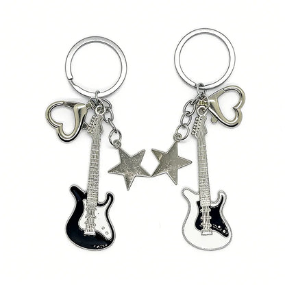 Electric Guitar Couple Keychain Set - Black & White Star Heart Charms for Music Lovers, Bags & Car Keys