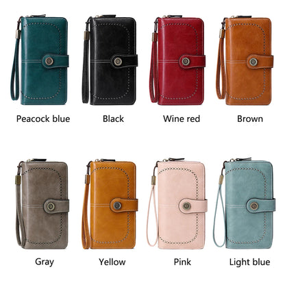 RFID Anti-Theft Retro Large Capacity Women's Wallet – Multi-Card Zipper Wallet with Wrist Strap