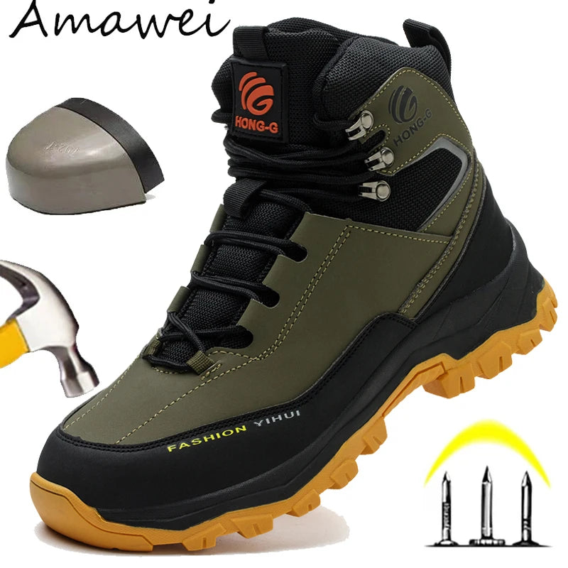 Rotary Buckle Men’s Work Boots – Steel Toe Safety Shoes, Anti-Smash & Puncture-Proof, Sizes 38-47