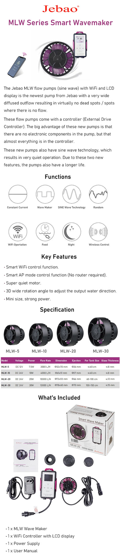 Jebao MLW Series Smart Aquarium Wave Maker – WiFi Flow Pump with LCD Controller for Fish Tanks