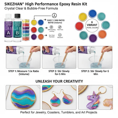 Crystal Clear Epoxy Resin Kit - AB Resin Glue with 6 Color Mica Powder for DIY Jewelry, Nail Art, Soap & Crafts