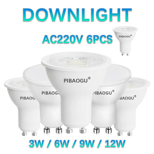 6PCS GU10 LED Spotlights AC175–265V – 3W/6W/9W/12W No Flicker Bulbs, 120°/38° Beam, Halogen Replacement