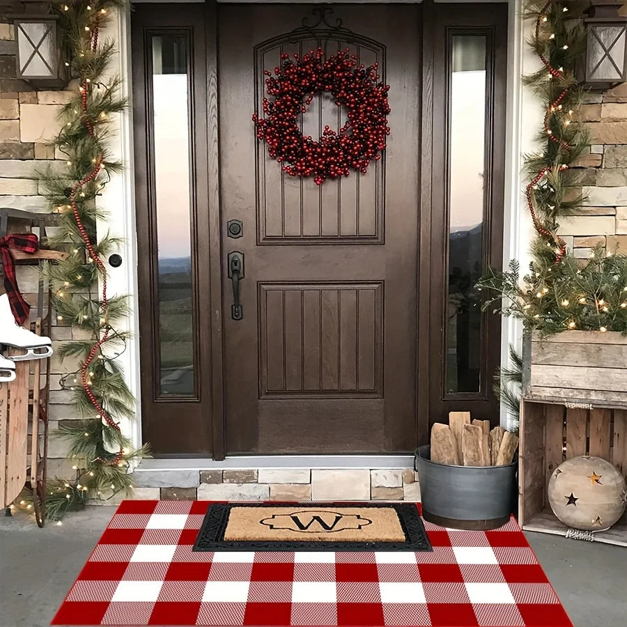 VIKAMA Christmas Checkered Outdoor Rug — Washable, Anti-Slip Welcome Mat for Front Porch & Festive Home Decor