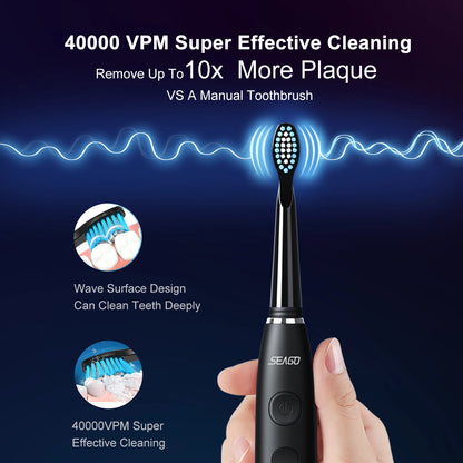 Seago SG-575 Sonic Electric Toothbrush – USB Rechargeable Adult Toothbrush with 4 Replacement Heads, Travel Case & 360-Day Battery Life, IPX7 Waterproof