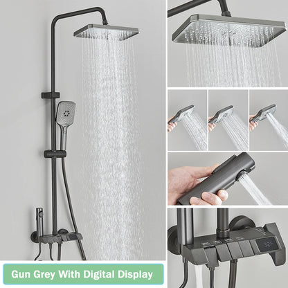 Rozin Black Smart Digital Display Shower Faucet Set - Piano Style Rainfall Bathroom System with Grey Digital Mixer Tap & Bidet Shower