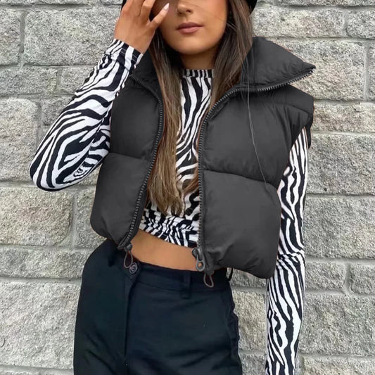 Autumn Winter Women's Short Cotton Down Vest – Warm Quilted Sleeveless Jacket with Stand-Up Collar for Outdoor Travel