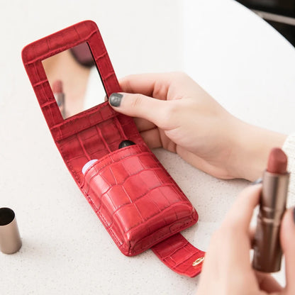 Mini Portable Lipstick Bag with Mirror - Small Cosmetic Bag with Button, Crocodile Embossed Women's Makeup Storage Case