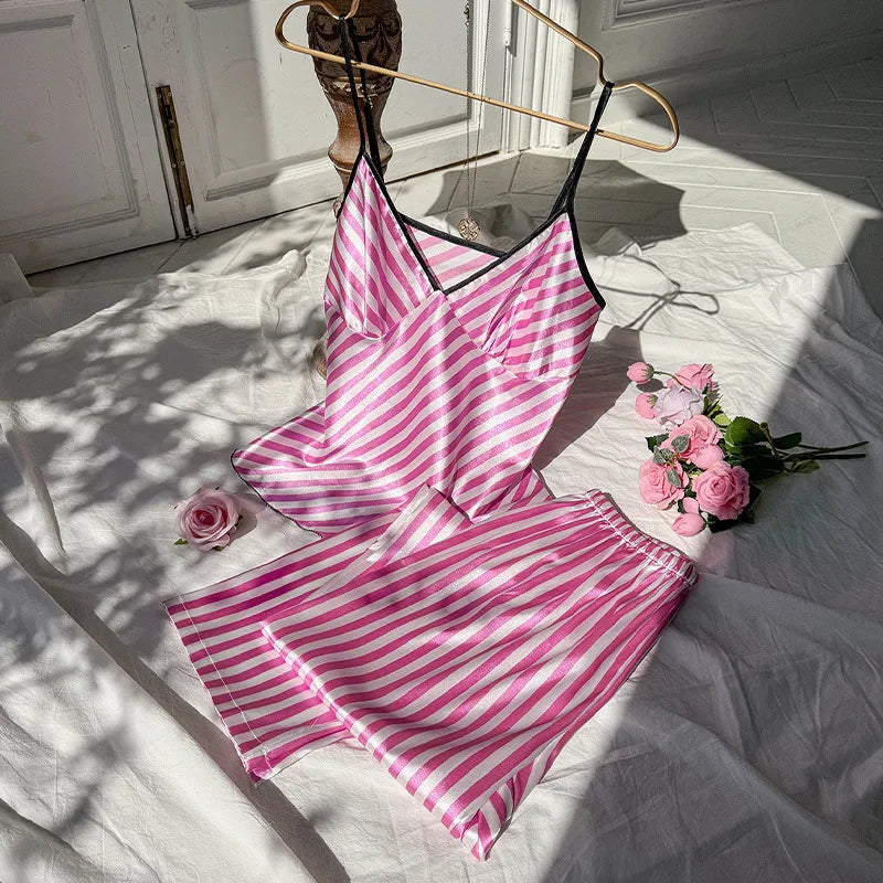 2pcs Women’s Summer Pajama Set – Printed Silk Suspenders Top & Long Pants Breathable Homewear