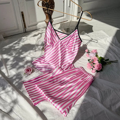 2pcs Women’s Summer Pajama Set – Printed Silk Suspenders Top & Long Pants Breathable Homewear