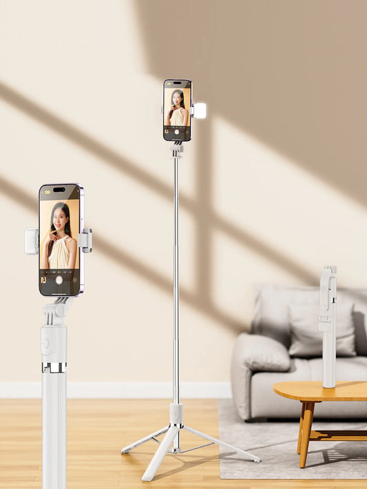 170cm/67in Selfie Stick Tripod – Extendable Aluminum Stand with Fill Light & Bluetooth Remote, Compatible with iPhone & Android