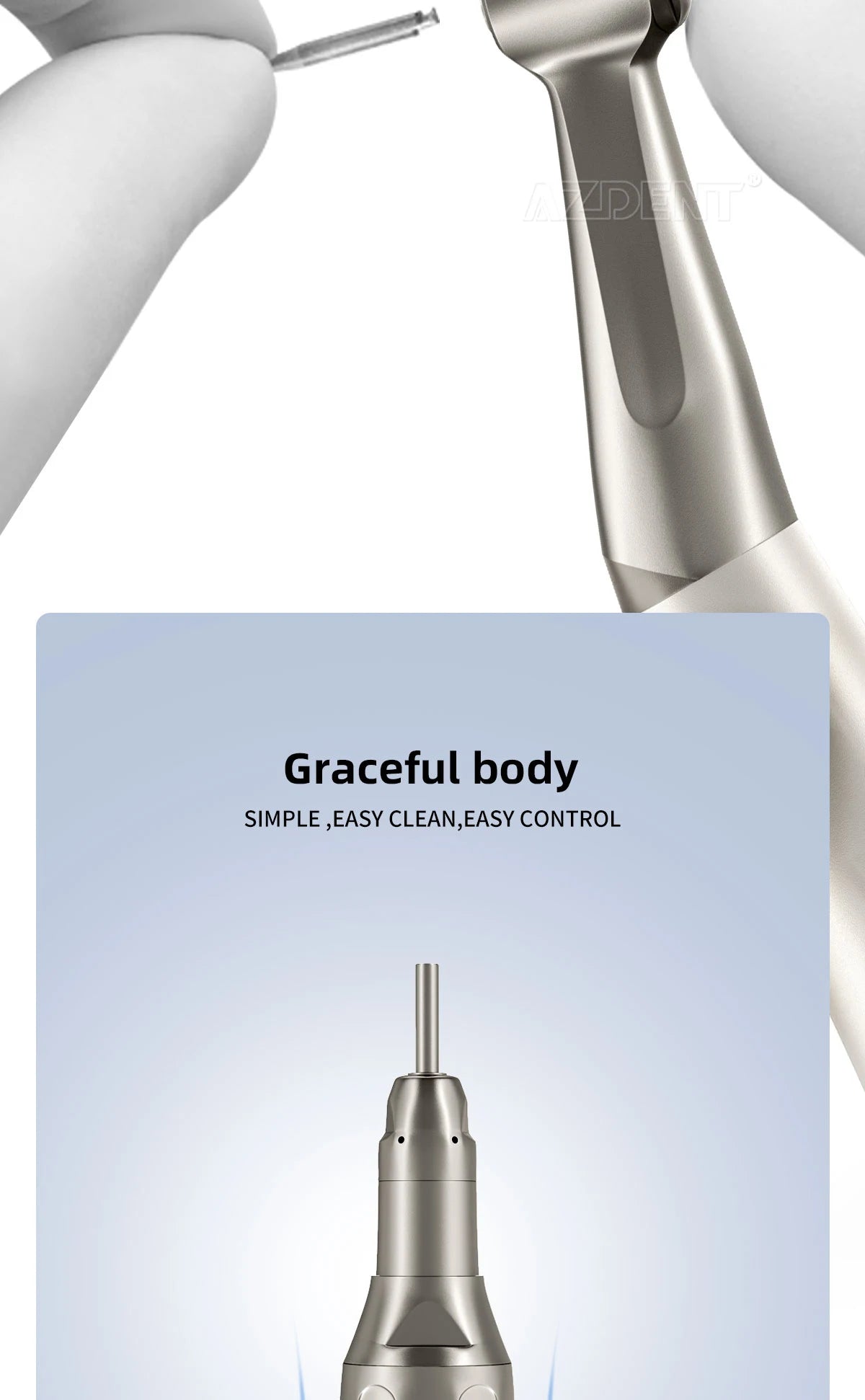 AZDENT Dental Low Speed Handpiece 1:1 Contra Angle – Push Button for ø2.35mm CA Burs, 2/4 Holes, Air Motor