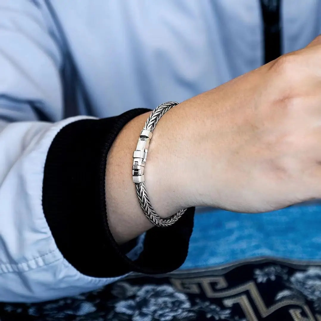 100% S925 Sterling Silver Handmade Woven Bracelet — Retro Domineering Style for Men & Women, Pure Silver Jewelry