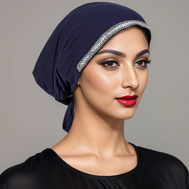 Women’s Modal Rhinestone Hijab Cap - Soft Muslim Turban Underscarf Bonnet for Secure Headwrap Styling