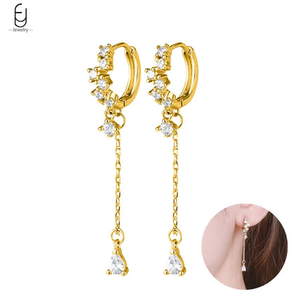 925 Sterling Silver Gold Tassel Earrings - Vintage Crystal Long Chain Hoop Jewelry for Women