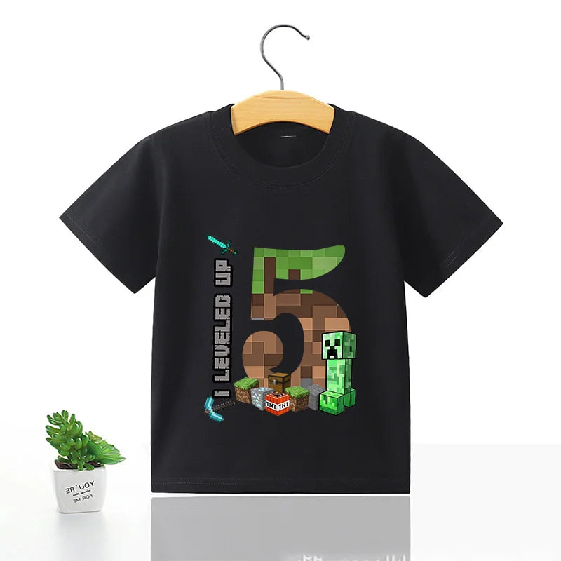 Miner Crafting Birthday Number T-Shirt – Cartoon Summer Short Sleeve Tops for Boys Party Gift