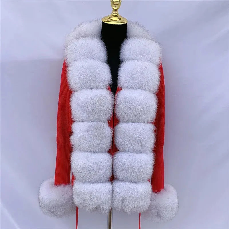 Women’s Spring & Autumn Sweater Cardigan – Real Fox Fur Collar Jacket, Natural Fur Outerwear