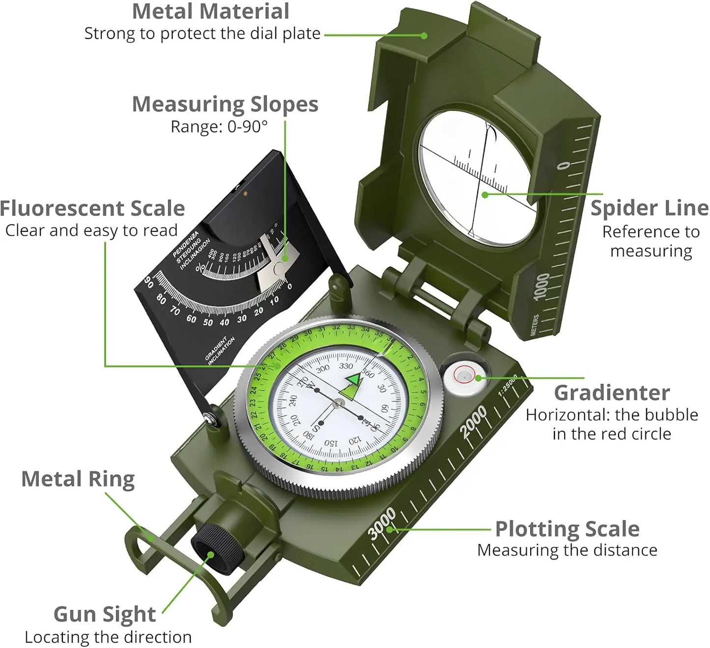 Multifunctional High-Precision Military Compass — Waterproof Metal Outdoor Survival Camping Compass with Fluorescent & Geological Features