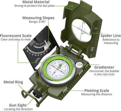 Multifunctional High-Precision Military Compass — Waterproof Metal Outdoor Survival Camping Compass with Fluorescent & Geological Features