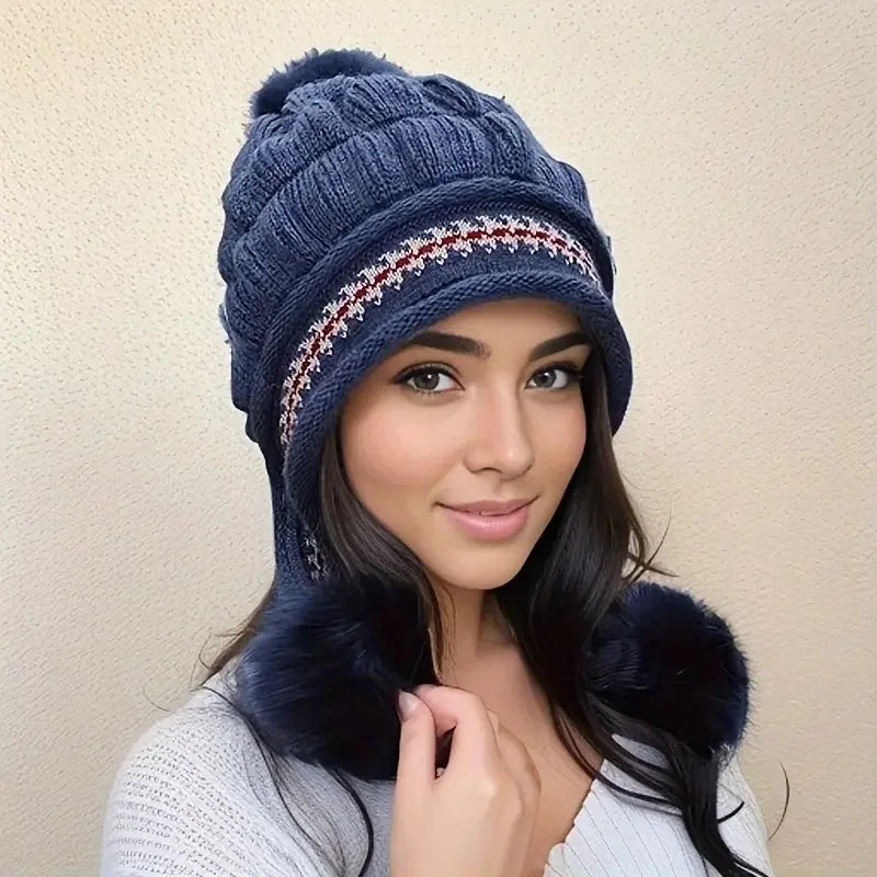 Cozy Knit Fleece Beanie with Ear Flaps & Pompom — Warm Winter Hat for Women, Ideal for Skiing & Outdoors