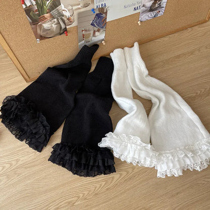 Stay Warm and Stylish: Retro Spicy Girl Lace Leg Warmers for Women - Autumn/Winter Lolita JK Horn T-Shaped Socks, Elephant Leg Design, 1 Pair